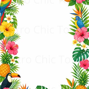 Peut inclure: Une illustration de bordure rectangulaire présentant des éléments tropicaux vibrants, notamment des fleurs d'hibiscus rouges, roses et jaunes, des frangipaniers blancs, des feuilles de monstera vertes, des ananas, un ara et un toucan.