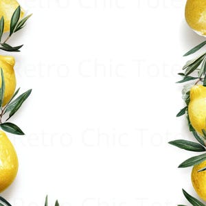 May include: Watercolor illustration featuring a border of bright yellow lemons and green olive branches on a white background. The lemons are whole and sliced, creating a fresh, summery design. The text "Retro Chic Tote" is visible.