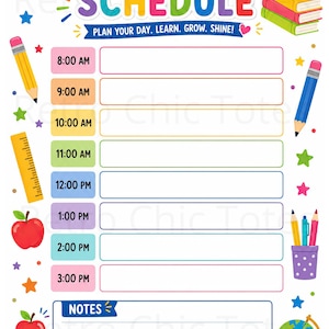 Puede incluir: Una hoja de planificador diario con el texto DAILY SCHEDULE y PLAN YOUR DAY. LEARN. GROW. SHINE! Incluye espacios horarios de 8:00 a 15:00, una sección de notas e ilustraciones coloridas de un arcoíris, libros, manzanas, lápices, una regla y un globo terráqueo.