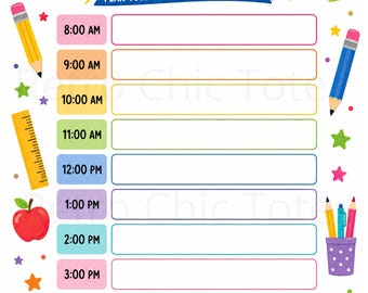 May include: A daily schedule planner sheet featuring the text DAILY SCHEDULE and PLAN YOUR DAY. LEARN. GROW. SHINE! It includes hourly slots from 8:00 AM to 3:00 PM, a notes section, and colourful illustrations of a rainbow, books, apples, pencils, a ruler, and a globe.