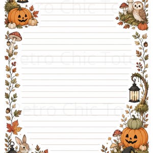 May include: A sheet of lined stationery featuring an autumn-themed border with pumpkins, mushrooms, an owl, a rabbit, a hedgehog wearing a witch hat, lanterns, and fall foliage. A crescent moon and stars appear at the top centre of the page.