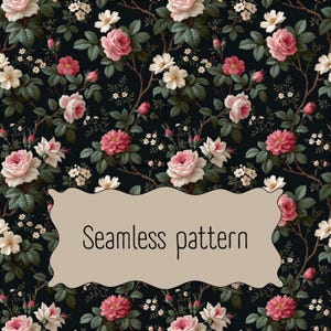 May include: Seamless pattern featuring a dark background with a repeating floral design. The pattern includes pink and white roses, small white flowers, and green leaves. The text "Seamless pattern" is displayed in a beige banner.