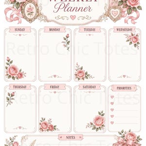 May include: A weekly planner sheet featuring the text Weekly Planner, with sections for each day of the week and a priorities list. The design includes pink roses, ribbons, ornate frames, a quill in an inkwell, and a stack of books with a heart charm.