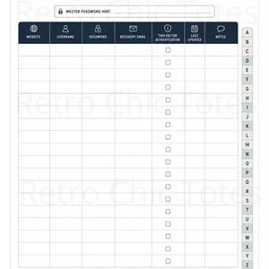 Puede incluir: Una hoja de seguimiento de contraseñas blanca con encabezados e iconos azul oscuro. Incluye columnas para sitio web, nombre de usuario, contraseña, correo de recuperación, autenticación de dos factores, última actualización y notas.
