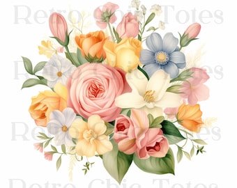 Watercolor Flower Bouquet PNG, Pastel Floral Clipart, Vintage Flowers PNG, Spring Wedding Bouquet Download, Botanical PNG Art