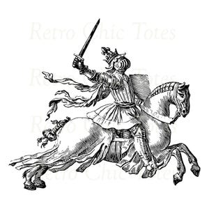 Könnte beinhalten: Schwarz-weiß-Illustration eines Ritters in Rüstung, der auf einem Pferd reitet. Der Ritter hält ein Schwert in seiner rechten Hand und trägt eine Krone. Das Pferd galoppiert vorwärts.
