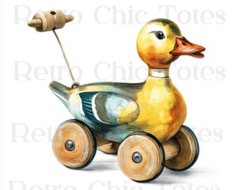Vintage Duck Pull Toy PNG, Retro Wooden Duck Clipart, Antique Toy Illustration for Nursery Decor and Sublimation Projects