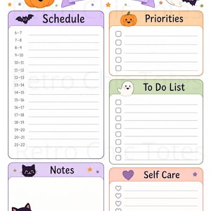 May include: A Halloween Daily Planner page featuring a schedule, priorities, to-do list, notes, and self-care sections. The design includes illustrations of pumpkins, ghosts, bats, and black cats with purple, orange, and green accents.