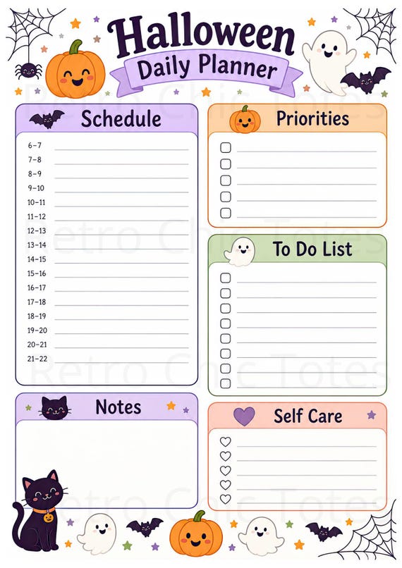 Cute Halloween Daily Planner Printable, Kawaii Halloween Planner, Daily Schedule, To Do List, A4 PDF Download