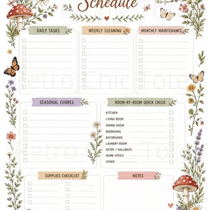 May include: A printed cleaning schedule planner featuring botanical illustrations of wildflowers, mushrooms, a bee, a robin, and butterflies. The layout includes sections for daily tasks, weekly cleaning, monthly maintenance, seasonal chores, a room-by-room quick check, a supplies checklist, and notes, all decorated with floral borders.