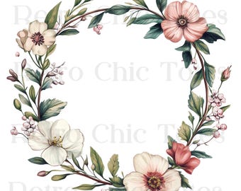Floral Wreath PNG, Watercolor Flower Frame, Boho Wedding Wreath, Vintage Botanical Clipart, Digital Floral Border for Invitations