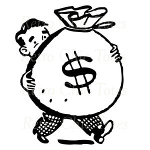 Illustrazione di un uomo dei cartoni animati retrò che trasporta un sacco di soldi - Clipart vintage per progetti aziendali