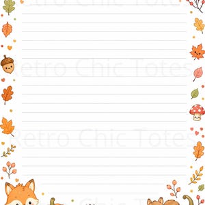 Puede incluir: Una hoja de papel de carta rayada blanca con un borde de ilustraciones otoñales que incluyen calabazas, bellotas, setas, hojas, un zorro, un erizo, una ardilla y una taza de cacao, con la marca de agua Retro Chic Totes.