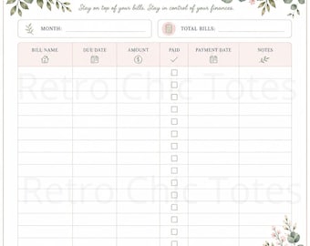 Floral Bill Tracker Printable A4 PDF, Monthly Bill Payment Tracker, Budget Planner, Finance Organizer, Instant Download
