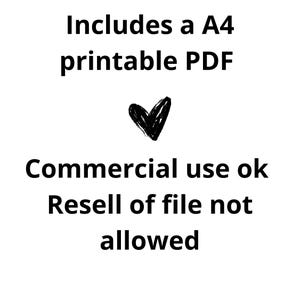 K&ouml;nnte beinhalten: Wei&szlig;er Hintergrund mit schwarzem Text: "Includes a A4 printable PDF". Ein schwarzes Herz befindet sich in der Mitte. Der Text darunter lautet: "Commercial use ok. Resell of file not allowed."