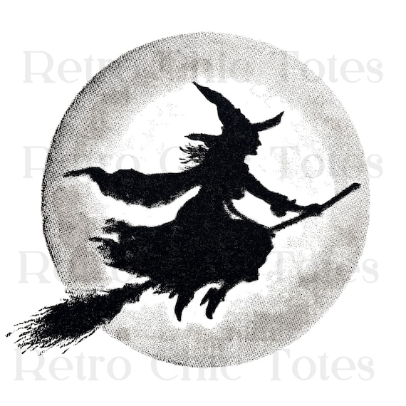 Vintage Witch Flying Silhouette PNG | Retro Halloween Clipart | Broomstick Moon Scene for Stickers, Shirts, Sublimation, Crafts