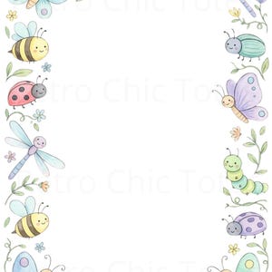 Borde de insectos adorable para imprimir en tamaño A4, marco de mariposa, abeja, mariquita y libélula, papel de escritura infantil, papelería imprimible en tonos pastel en formato PDF.