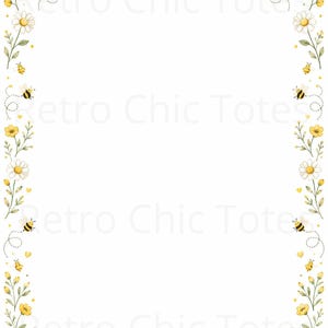 May include: A rectangular border design featuring watercolour illustrations of white daisies, yellow wildflowers, and small bumblebees with dotted flight paths. A yellow ribbon bow is centred at the top. The text Retro Chic Tote is visible.