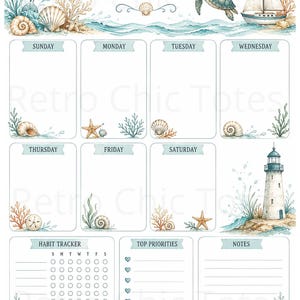 Op de afbeelding: Een weekplanner-pagina met een nautisch thema, inclusief een dolfijn, zeeschildpad, zeilboot en vuurtoren. De lay-out bevat dagelijkse secties van zondag tot zaterdag, een gewoonte-tracker, een prioriteitenlijst en een notitiegedeelte met schelpen.