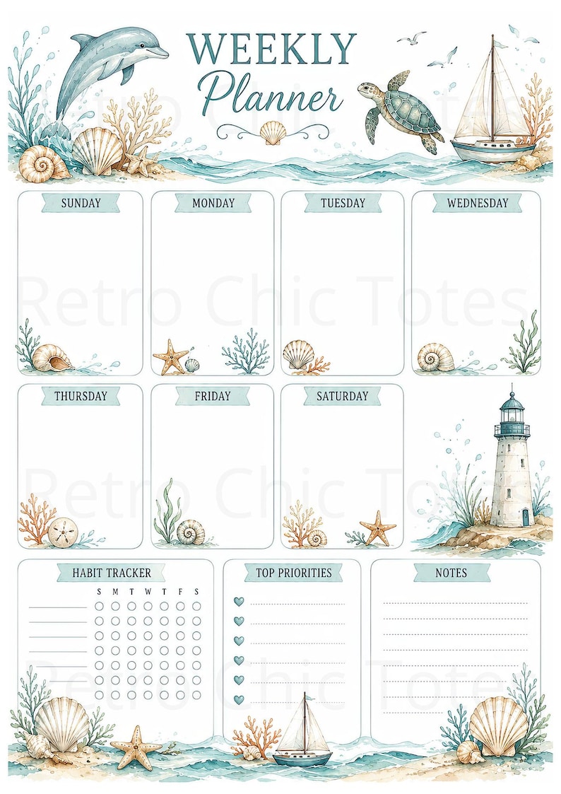 May include: A weekly planner page featuring a nautical theme with a dolphin, sea turtle, sailboat, and lighthouse. The layout includes daily sections from Sunday to Saturday, a habit tracker, a top priorities list, and a notes section with shells.