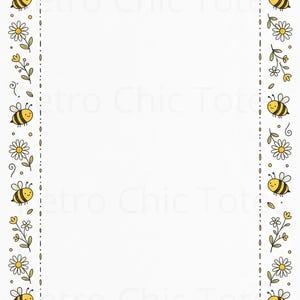 Op de afbeelding: Een witte achtergrond met een decoratieve rand met cartoonbijen, madeliefjes en bloemelementen in geel en zwart. Het ontwerp is grillig en geschikt voor briefpapier of uitnodigingen.