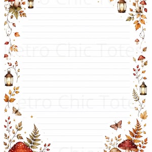 Op de afbeelding: Een vel gelinieerd briefpapier met een herfstthema-rand met rode en bruine paddenstoelen, gloeiende lantaarns, oranje herfstbladeren, bessen en vlinders. De tekst Retro Chic Tote is vaag zichtbaar in het midden van de pagina.