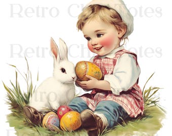 Vintage Easter Bunny PNG, Retro Easter Clipart, Cute Child with Rabbit, Shabby Chic Easter Art, Cottagecore Spring Printable
