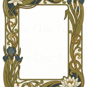 K&ouml;nnte beinhalten: Ein Rahmen im Jugendstil mit wei&szlig;em Innenraum. Der Rahmen zeigt stilisierte florale Elemente, darunter Iris und Seerosen, in Gr&uuml;n-, Blau- und Cremet&ouml;nen. Das Design hat ein symmetrisches Layout mit geschwungenen Linien und dekorativen Verzierungen.