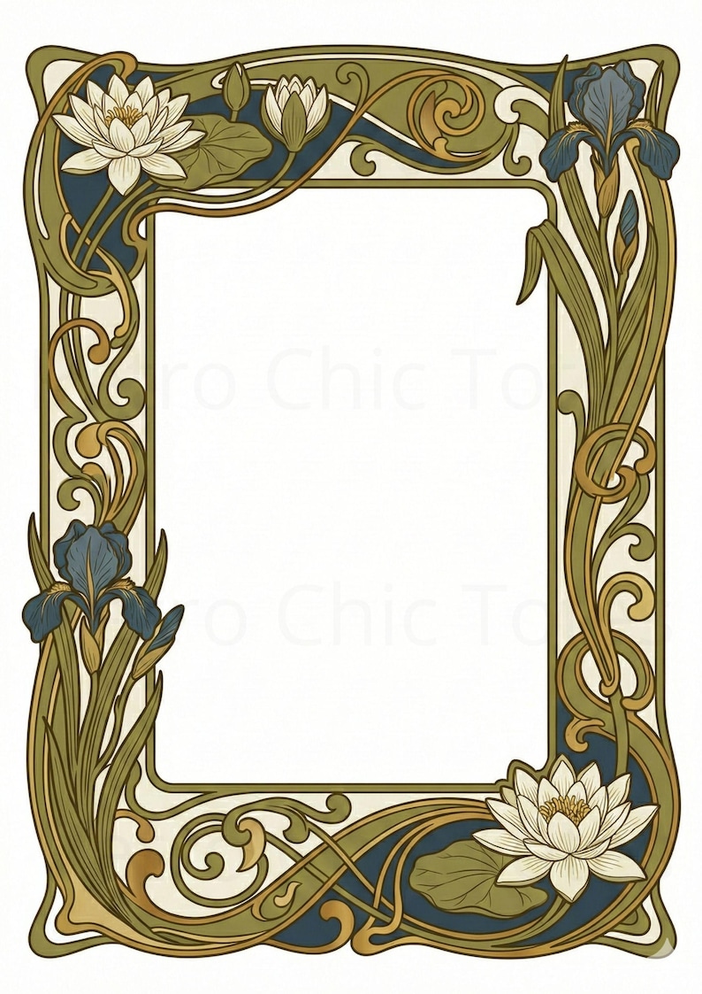 K&ouml;nnte beinhalten: Ein Rahmen im Jugendstil mit wei&szlig;em Innenraum. Der Rahmen zeigt stilisierte florale Elemente, darunter Iris und Seerosen, in Gr&uuml;n-, Blau- und Cremet&ouml;nen. Das Design hat ein symmetrisches Layout mit geschwungenen Linien und dekorativen Verzierungen.