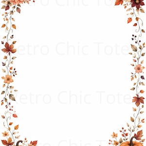 May include: A rectangular border design featuring watercolor illustrations of orange and white pumpkins, autumn leaves in shades of red, brown, and gold, and various flowers. The text Retro Chic Tote is repeated faintly across the white center.