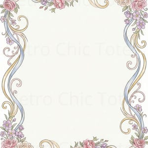 May include: An illustrated floral border design featuring pink, lavender, and cream-colored roses, small purple flowers, and flowing ribbons in light blue and gold. The design is set against a white background.