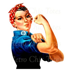 May include: A vintage illustration of a woman with a red and white polka dot bandana, flexing her bicep, wearing a blue shirt with a white circle on the left shoulder.