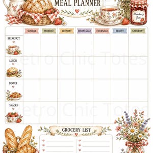 Può includere: Un pianificatore settimanale dei pasti con una griglia per i giorni della settimana e le categorie di pasti. Il design include illustrazioni di pane, marmellata di fragole, tazze da tè e bouquet floreali. Una lista della spesa è in basso.