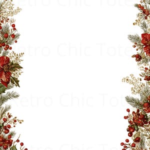 May include: A vintage-style border design with red poinsettias, berries, and evergreen foliage. The frame is adorned with white flowers and green leaves, creating a festive holiday theme. The background is plain white, offering a clean contrast.