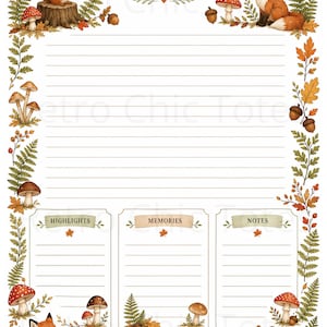 Könnte beinhalten: Ein liniertes Briefpapier mit herbstlichem Waldmotiv, Eichhörnchen, Füchsen, Pilzen und Farnen. Das obere Banner trägt die Aufschrift Today is a good day for a beautiful story. Darunter befinden sich drei Abschnitte mit den Titeln Highlights, Memories, Notes.
