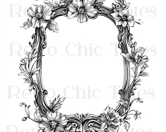 Vintage Ornate Frame PNG, Floral Baroque Border, Antique Engraved Frame Clipart, Victorian Frame Illustration, Black and White Frame