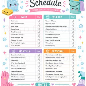 Może przedstawiać: Kolorowy harmonogram sprzątania z ilustracjami akcesoriów do czyszczenia. Tekst zawiera napisy Cleaning Schedule, A CLEAN HOME IS A HAPPY HOME, Daily, Weekly, Monthly, Seasonal oraz Notes, wraz z polami do zaznaczania zadań.