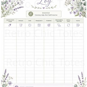 May include: A medication log sheet featuring a floral border of lavender and eucalyptus. The header reads Medication Log, and a reminder box states Consistency today, better health tomorrow. Columns include medication name, dosage, time, and notes.