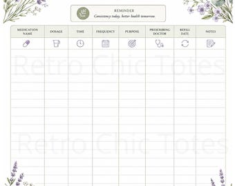 May include: A medication log sheet featuring a floral border of lavender and eucalyptus. The header reads Medication Log, and a reminder box states Consistency today, better health tomorrow. Columns include medication name, dosage, time, and notes.