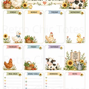 May include: A weekly planner sheet featuring farm-themed illustrations including a red barn, a cow, chickens, sunflowers, and baskets of vegetables. The text reads WEEKLY PLANNER, FARM SWEET FARM, and labels for each day of the week and sections.