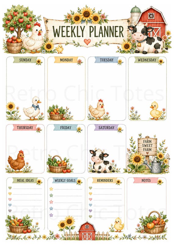 Farm Weekly Planner Printable, Cute Farm Animals Weekly Schedule, A4 PDF Planner, Meal Ideas, Goals & Notes Template