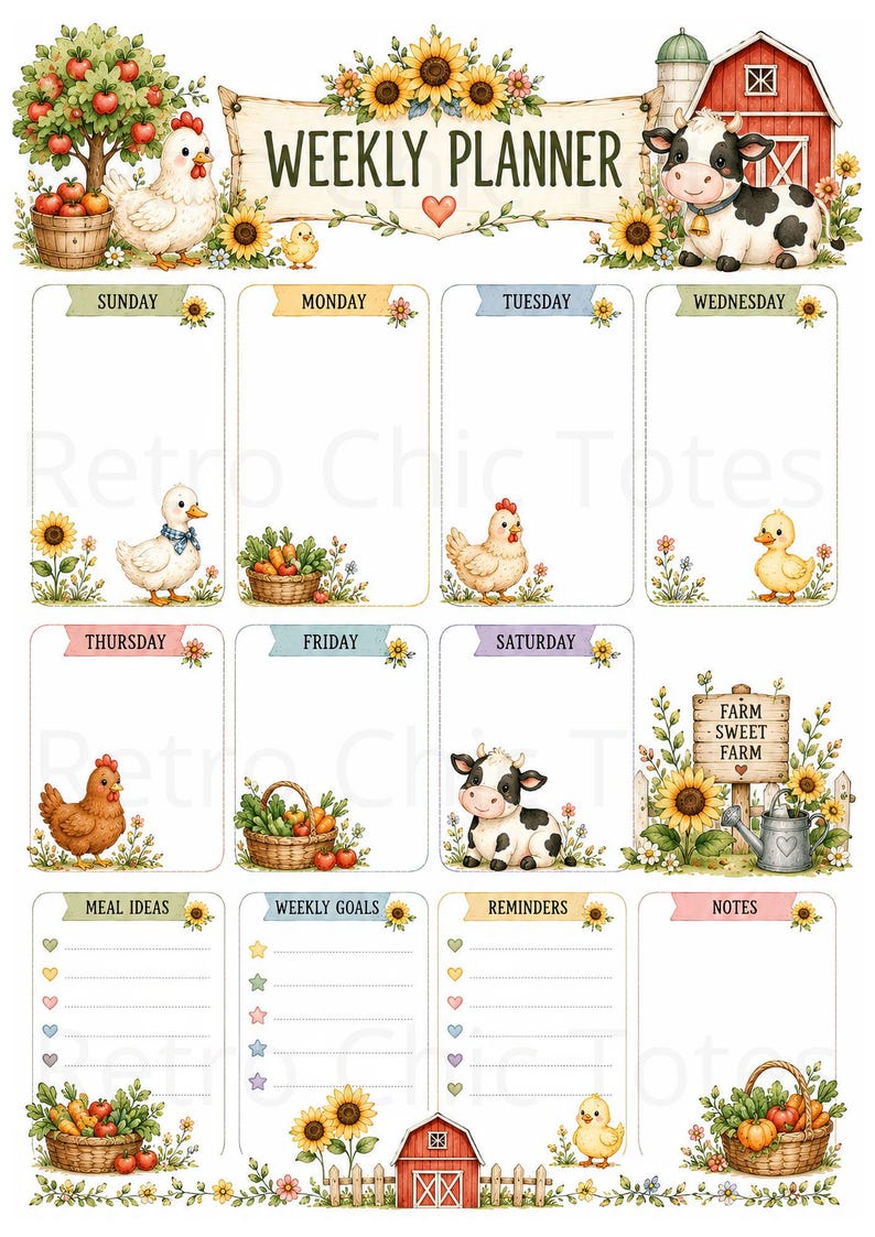 May include: A weekly planner sheet featuring farm-themed illustrations including a red barn, a cow, chickens, sunflowers, and baskets of vegetables. The text reads WEEKLY PLANNER, FARM SWEET FARM, and labels for each day of the week and sections.