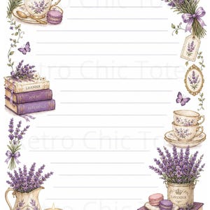 以下が含まれることがあります： ラベンダーの花束、紫色の蝶、Lavender、Poems、Botanicals、Le Jardin、Ma Belle Maison、Les Fleursと書かれた本の山、ティーカップ、マカロン、Fleurs de Lavandeと書かれた水差しが描かれた罫線入りの便箋。