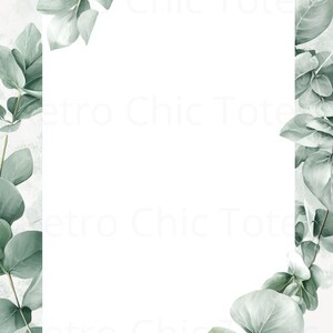 May include: A white rectangular space framed by watercolor eucalyptus leaves in shades of green and gray. The leaves are arranged around the edges, creating a natural, botanical border. The background has a textured, light gray appearance.