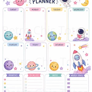 Utskrivbar veckoplanerare för rymden, gulligt veckoschema för barn, kawaiiplaneter och astronaut A4 PDF, mall för skolplanerare