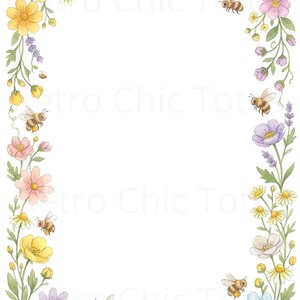 Puede incluir: Borde floral en acuarela con flores amarillas, rosas, moradas y azules, hojas verdes y pequeñas abejas. El diseño enmarca un fondo blanco, creando un marco decorativo.