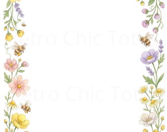 Bordo floreale con api, formato A4 stampabile, cornice di fiori selvatici pastello con bombi, graziosa carta da lettere primaverile, carta da lettere stampabile in PDF
