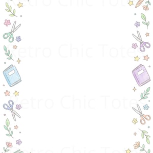May include: A pastel-colored border design featuring hand-drawn illustrations of books, pencils, scissors, flowers, leaves, and stars. The elements are arranged around the edges of a white background, creating a decorative frame. The style is whimsical and suitable for stationery or craft projects.