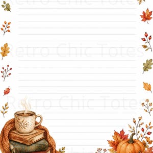 May include: A piece of lined stationery featuring an autumn-themed border of maple leaves, acorns, berries, and oak leaves. The bottom left corner displays a stack of books, a steaming mug, pumpkins, and glasses. The bottom right has a candle and pumpkins.