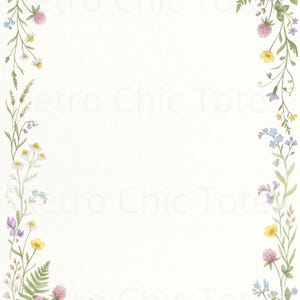 May include: Watercolor illustration of a floral border. The design features a variety of wildflowers, including daisies, clover, and forget-me-nots, in shades of pink, yellow, and blue, arranged around a blank white space.